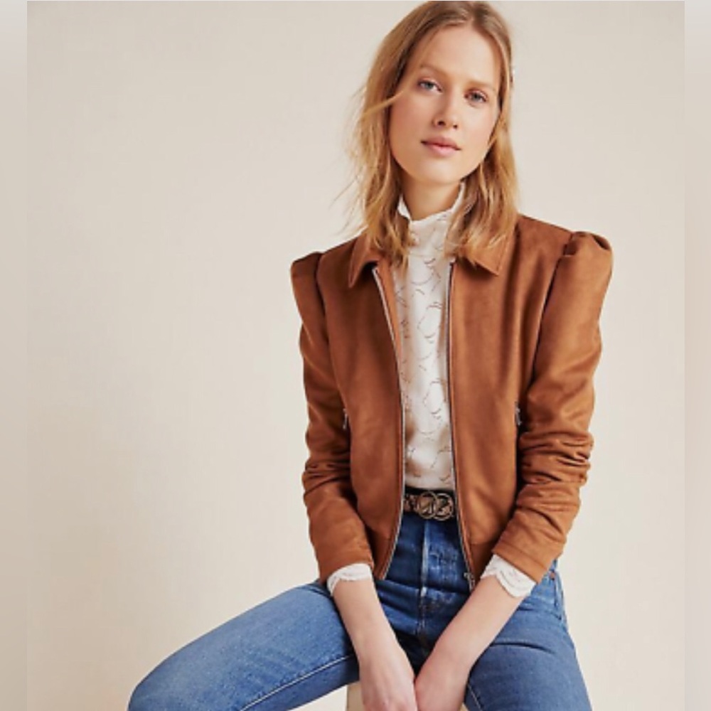 Anthropologie Piper & Jane Brie Sueded Moto Bomber Jacket Camel Caramel NWT M